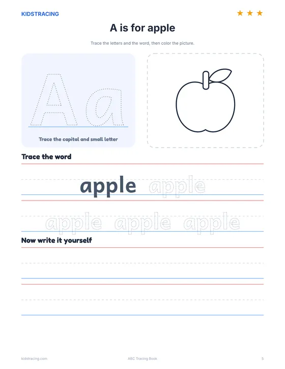 A is for apple page from the ABC Tracing Book with a picture to color and the word apple to trace