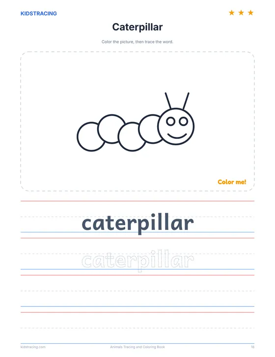 Caterpillar page from the Animals Tracing and Coloring Book