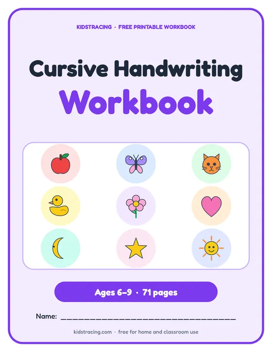 Cover of the Cursive Handwriting Workbook, a free printable workbook for ages 6–9