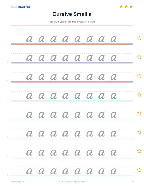Cursive small letter a page from the Cursive Handwriting Workbook