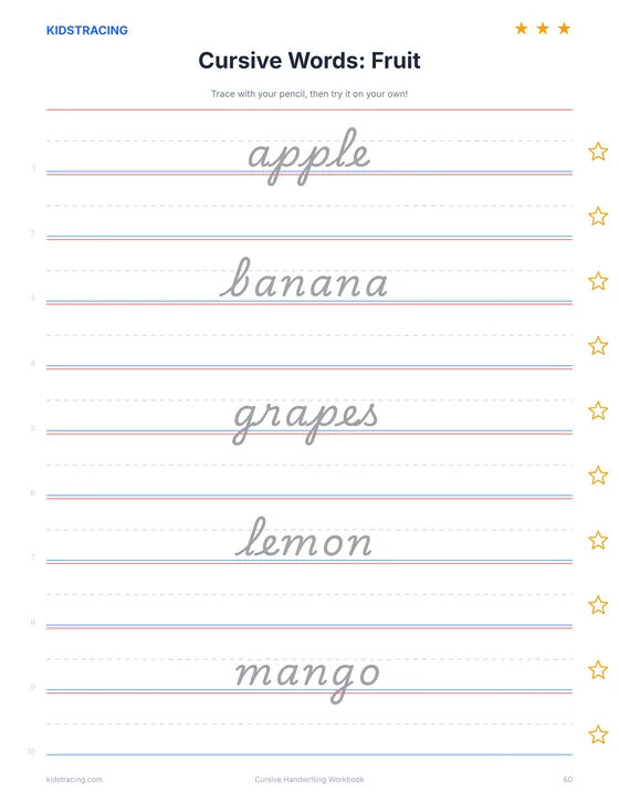 Cursive fruit words page from the Cursive Handwriting Workbook