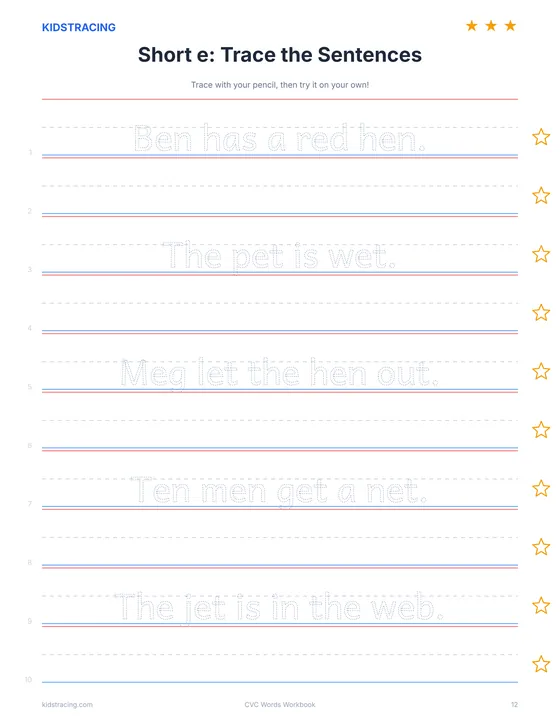 Short e sentence tracing page from the CVC Words Workbook