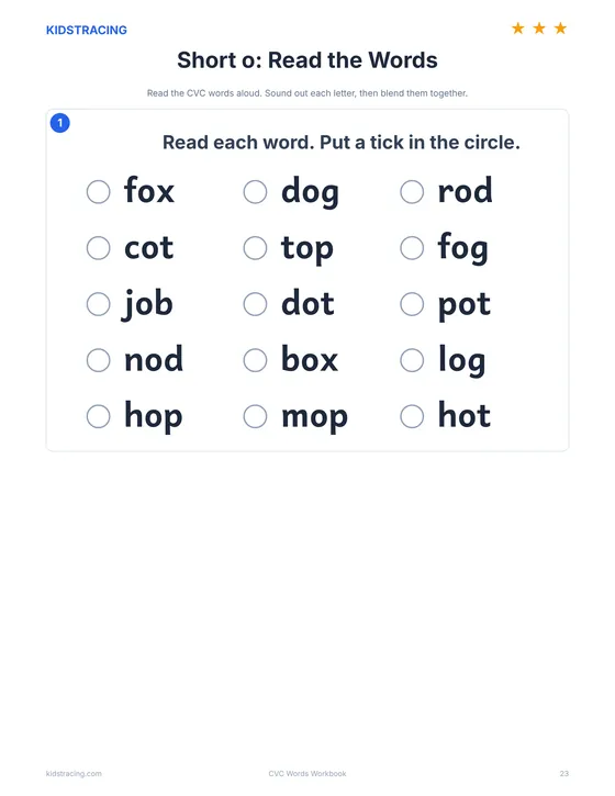 Short o reading list page from the CVC Words Workbook