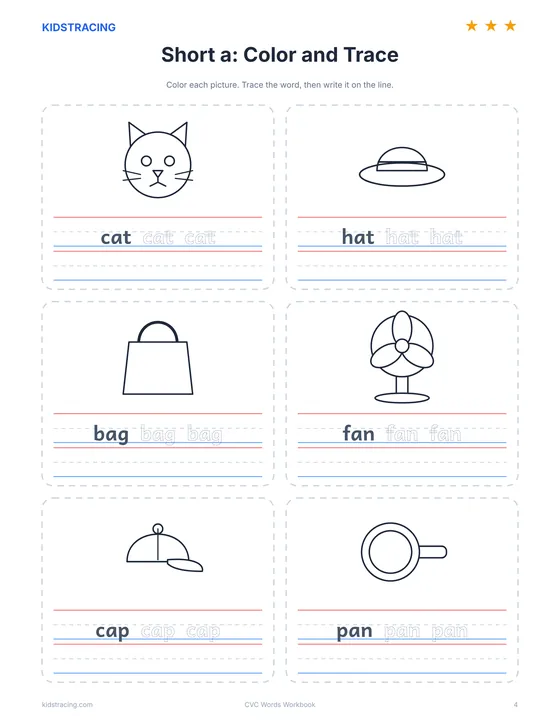 Short a color and trace page from the CVC Words Workbook with six picture words