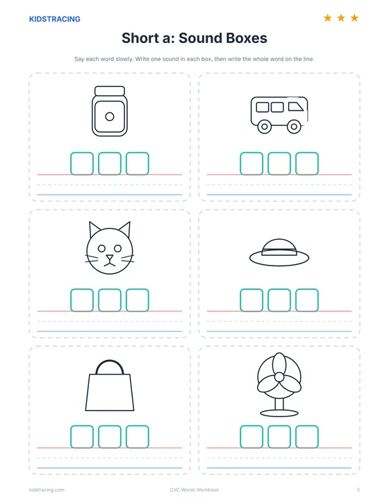 Short a sound boxes page from the CVC Words Workbook with three boxes for each word