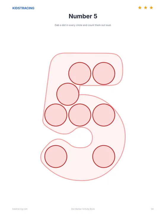 Number 5 dot marker page from the Dot Marker Activity Book