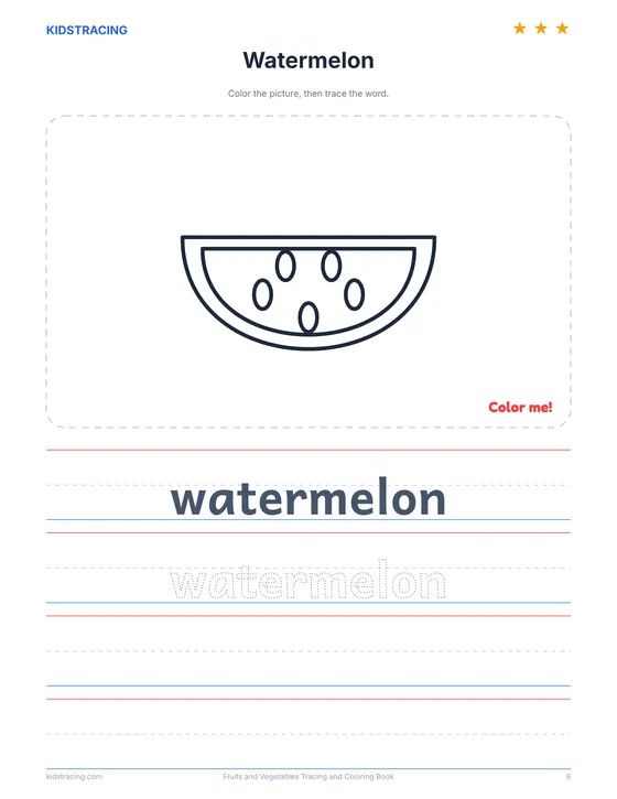 Watermelon page from the Fruits and Vegetables Tracing and Coloring Book
