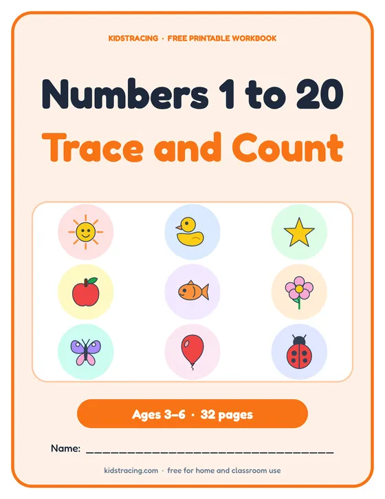 Cover of the Number Tracing and Counting Book, a free printable workbook for ages 3–6