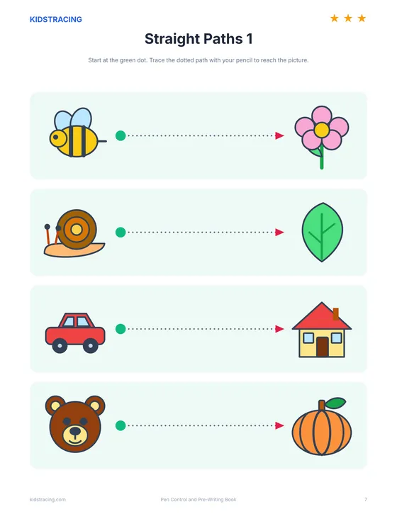 Straight path page from the Pen Control and Pre-Writing Book with pictures at each end of a dotted line