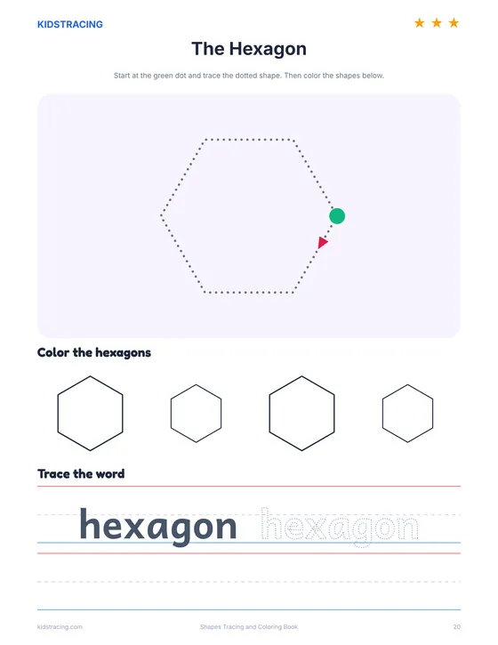 The hexagon page from the Shapes Tracing and Coloring Book