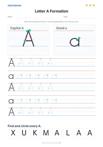 Preview of a letter formation worksheet with stroke arrows